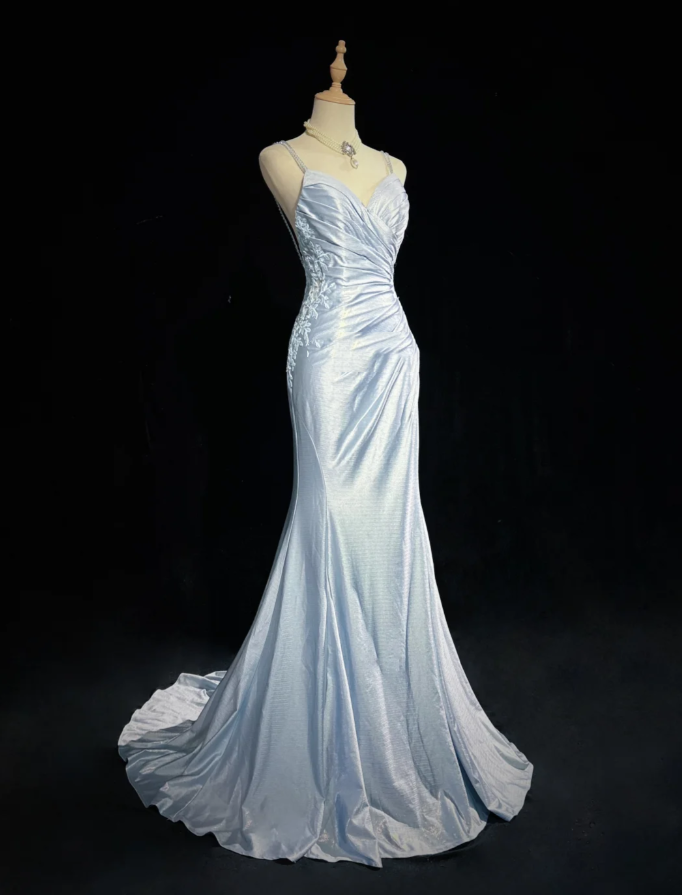 Elegant Spaghetti Straps Blue Satin Appliques Sequin Mermaid Long Wedding Guest Dress Evening Dress D1846