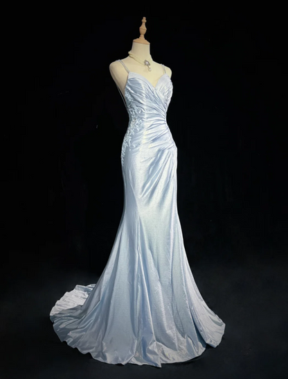 Elegant Spaghetti Straps Blue Satin Appliques Sequin Mermaid Long Wedding Guest Dress Evening Dress D1846