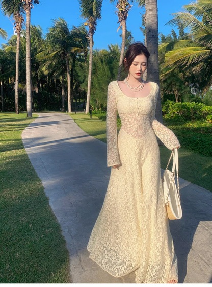 Charming Yellow Lace Mermaid Long Party Dress Birthday Prom Dress SP1976