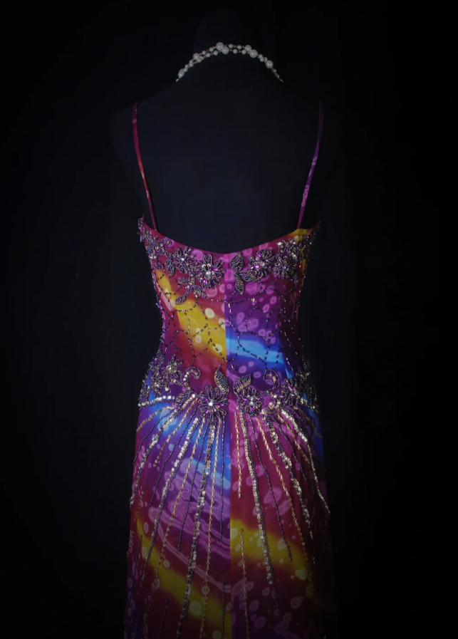 Unique V Neck Purple Spaghetti Straps Chiffon Beaded Mermaid Long Party Dress Evening Gown D2262