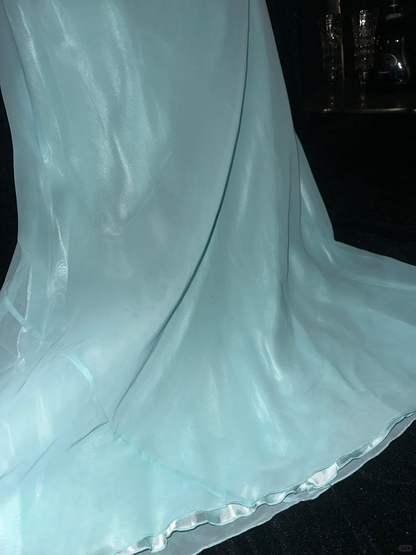 Gentle Mermaid Spaghetti Strap Beaded Blue Chiffon Satin Prom Dress Party Dress SH3075