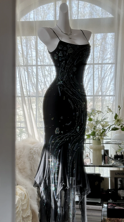 Gorgeous Mermaid Spaghetti Strap Beaded Black Chiffon Party Dress Evening Dress SH2961