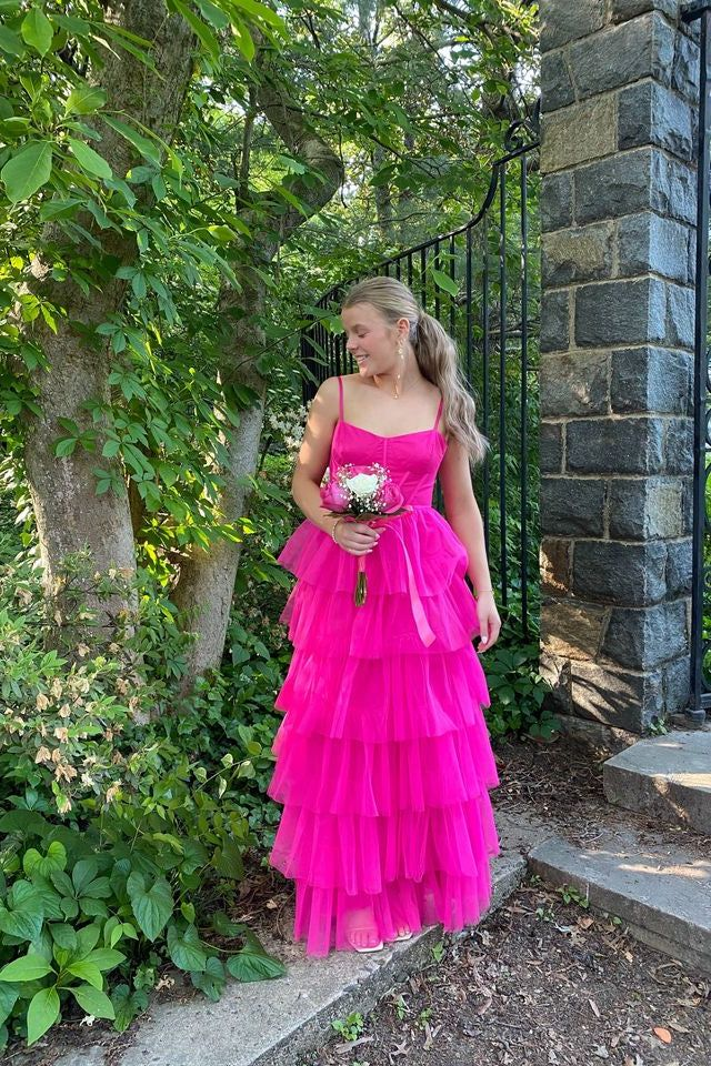 Spaghetti Straps Tiered Tulle Long Prom Dress Formal Evening Dress SH1463
