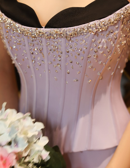 Lilac A Line Sweetheart Neck Beaded Satin Chiffon Long Prom Dress Evening Dress SH2370