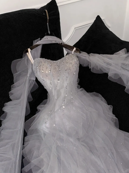 Romantic A Line Strapless Beaded Ruffle Grey Tulle Party Dress Evening Dress SH3371