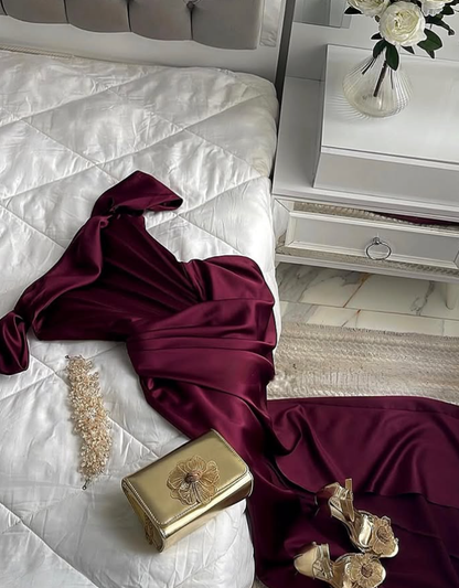 Elegant Mermaid Off the Shoulder Corset Burgundy Satin Prom Dress Evening Dress SH2141