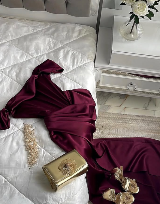 Elegant Mermaid Off the Shoulder Corset Burgundy Satin Prom Dress Evening Dress SH2141