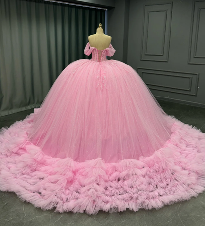 Charming Ball Gown Off-The-Shoulder Appliques Pink Tulle Sweet 16 Dress, Quinceanera Dress SH3038
