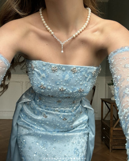 Classy Strapless Light Blue Satin Tulle Beaded Mermaid Prom Dress Long Party Gown D871