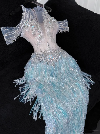 Gorgeous Exquisite Mermaid Beaded Blue Tulle Prom Dress Evening Dress Party Dress SH3618