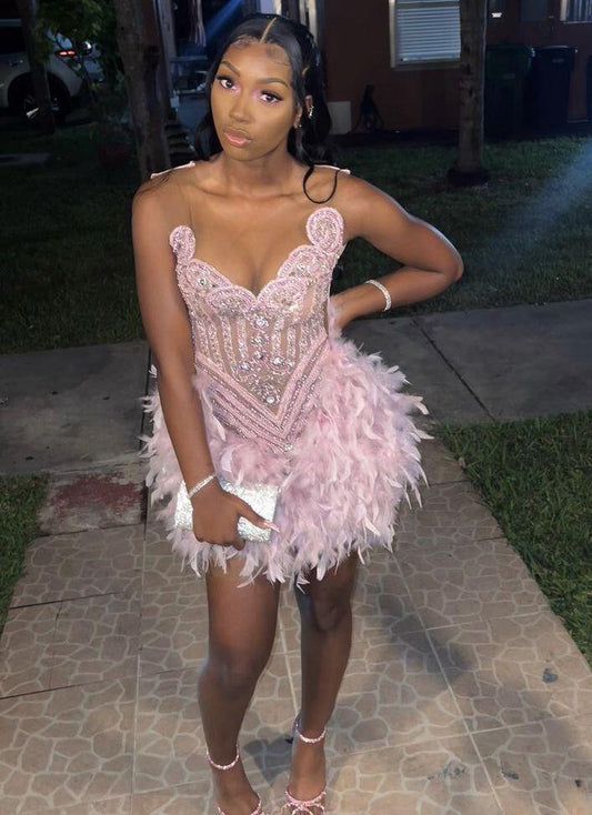 Gorgeous Pink Sequin Feathers Beaded Sheath Cocktail Dress Formal 20th Birthday Outfits Homecoming Dress D398