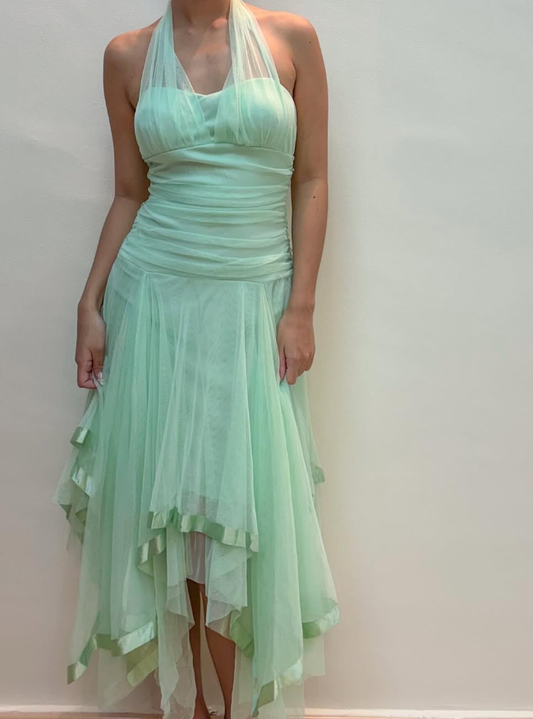Vintage A Line Halter V Neck Ruffle Green Tulle Short Homecoming Dress Evening Dress SH369