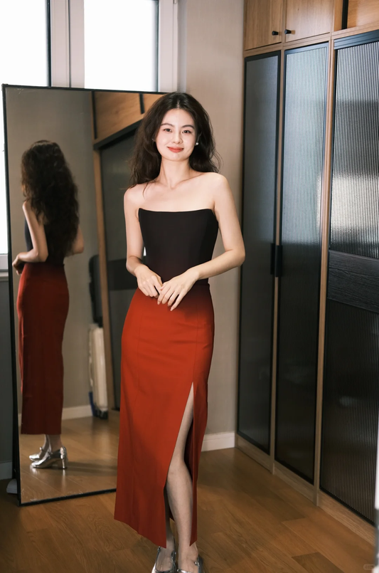 Elegant Sheath Strapless Black Red Ombre Satin Long Party Dress Wedding Guest Dress with Slit SH2907