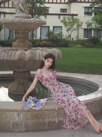 Romantic A Line Spaghetti Strap Print Floral Chiffon Prom Dress Outfits SH4486