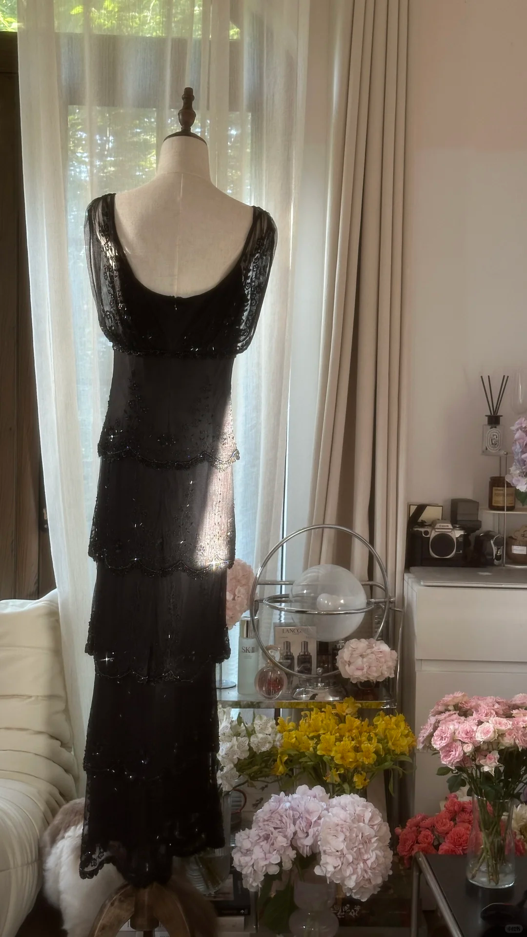 Charming Sheath V Neck Layered Beaded Black Chiffon Party Dress Evening Dress SH2964