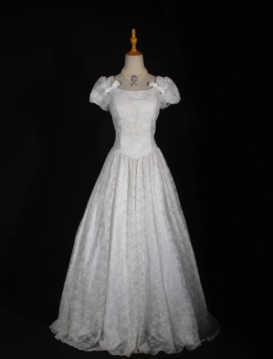 Pretty White Satin Beaded Floral Lace Ball Gown Formal Long Wedding Dress D2284