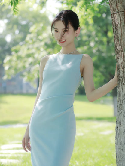 Baby Blue Sheath Round Neck Satin Prom Dress Evening Dress Party Dress SH4217