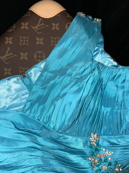 Blue Mermaid Straps Beaded Satin Long Party Dress Evening Dress SH3138