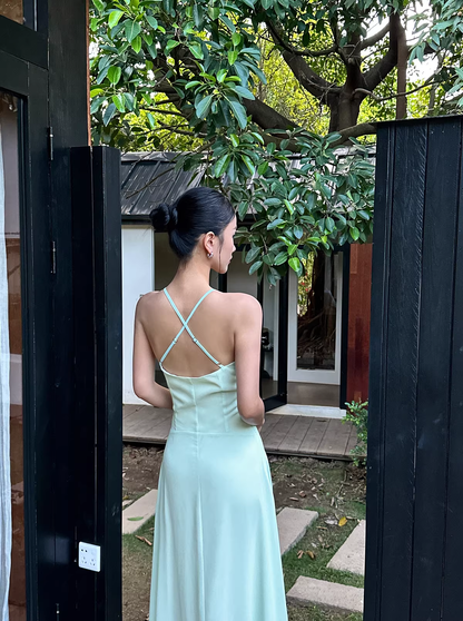 Simple Spaghetti Straps V Neck Green Chiffon A Line Long Party Dress Evening Dress D2090