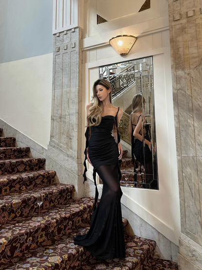 Sexy Black Mermaid Spaghetti Strap Satin Chiffon Prom Dress Evening Dress Date Dress SH4909