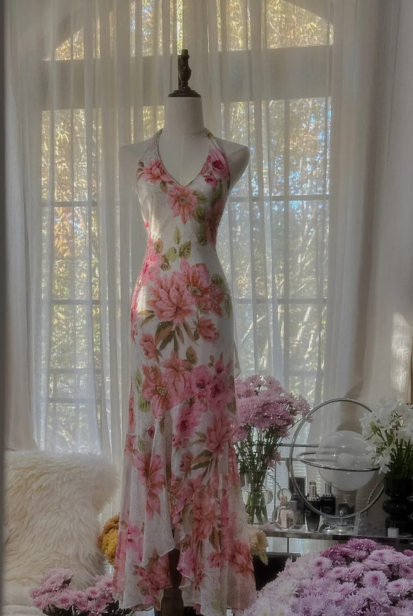 Pretty Halter V Neck Chiffon Print Floral Beaded Mermaid Long Party Dress Formal Wedding Guest Dress D2101