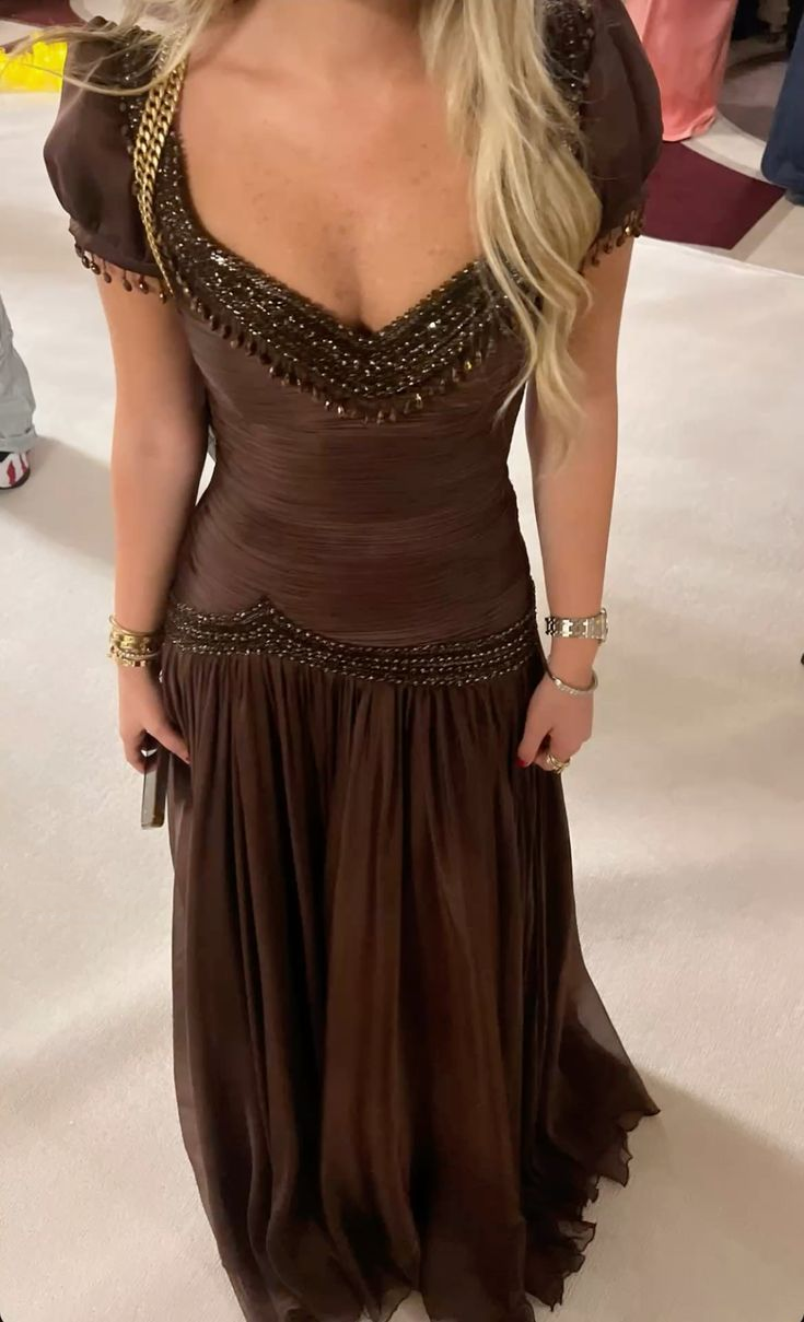 Vintage V Neck Brown Chiffon Beaded Mermaid Party Dress Long Evening Gowns D903