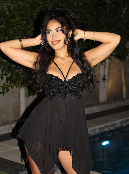 Sexy Black A Line Halter Beaded Lace Chiffon Homecoming Dress Cocktail Dress Outfits SH3647