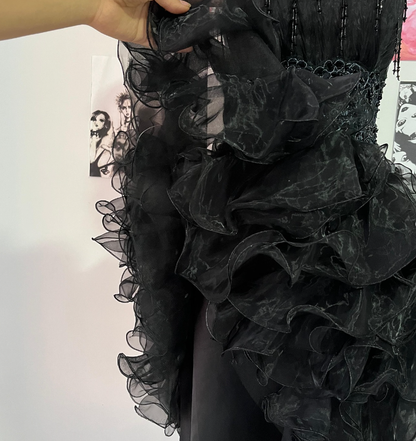 Cute A Line Spaghetti Strap Beaded Ruffle Black Tulle Short Homecoming Dress SH2060