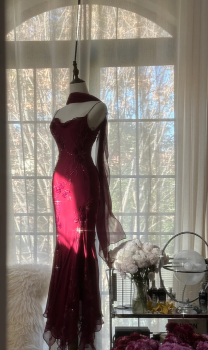 Charming Spaghetti Straps Burgundy Chiffon Beaded  Mermaid Long Party Dress Birthday Prom Gown D2092