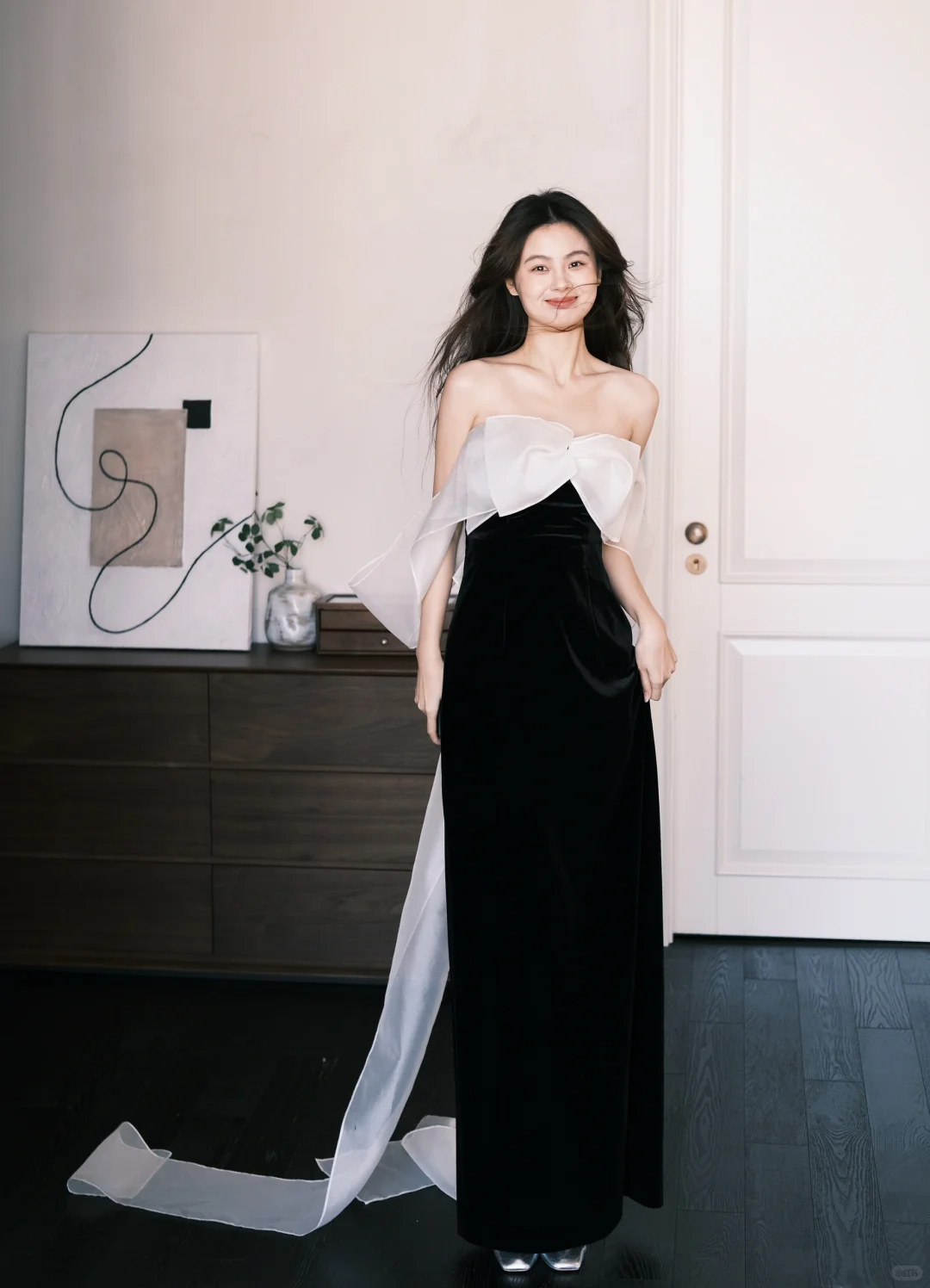 Cute A Line Off the Shoulder White Organza Black Velvet Long Prom Dress SH4583