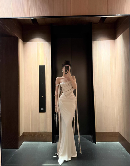 Apricot Gentle Mermaid Off the Shoulder Satin Prom Dress Evening Dress SH3762