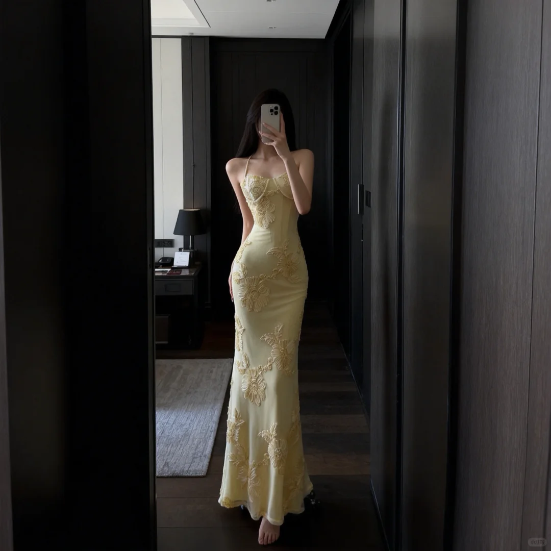 Yellow Mermaid Spaghetti Straps Appliques Tulle Satin Prom Dress Evening Dress SH5110