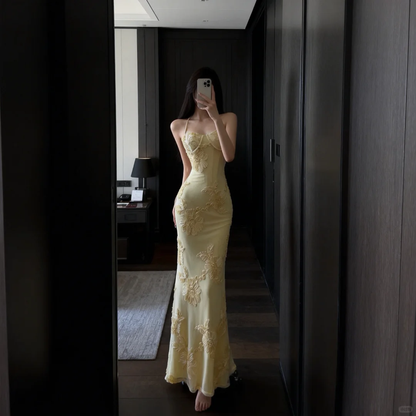 Yellow Mermaid Spaghetti Straps Appliques Tulle Satin Prom Dress Evening Dress SH5110