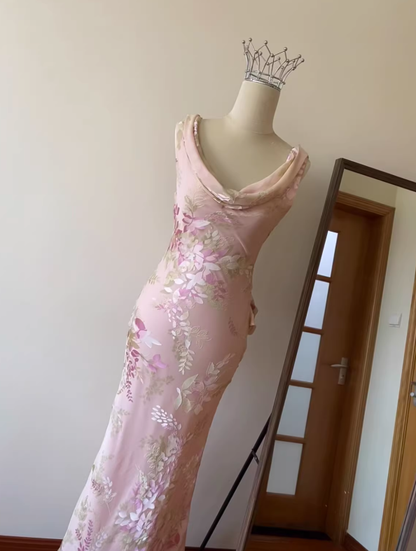 Gentle Retro Mermaid Straps Print Floral Purple Satin Prom Dress Formal Dress SH4021