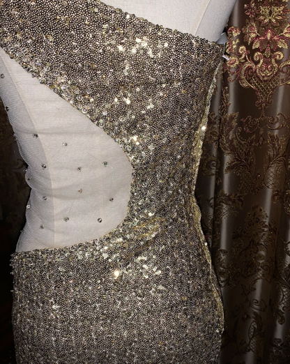 Sparkly Gold One Shoulder Sequin Mermaid Evening Dress Long Party Gown D1722