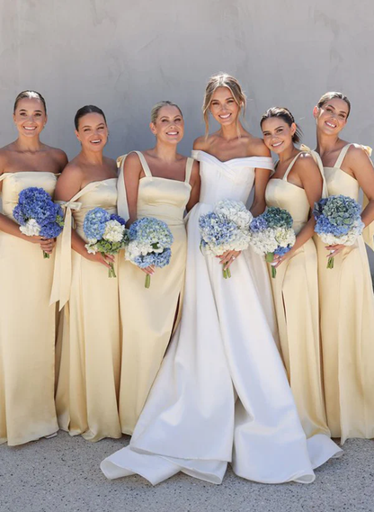 Cute A Line Spaghetti Strap Yellow Satin Evening Dress Bridesmaid Dress with Slit SH2701