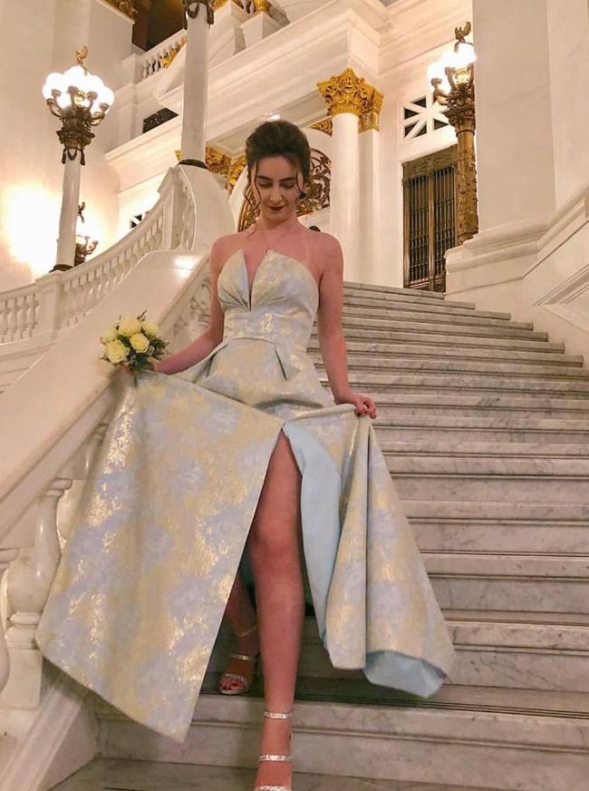 Elegant A Line Strapless Baby Blue Satin Long Prom Dress Evening Dress SH2173