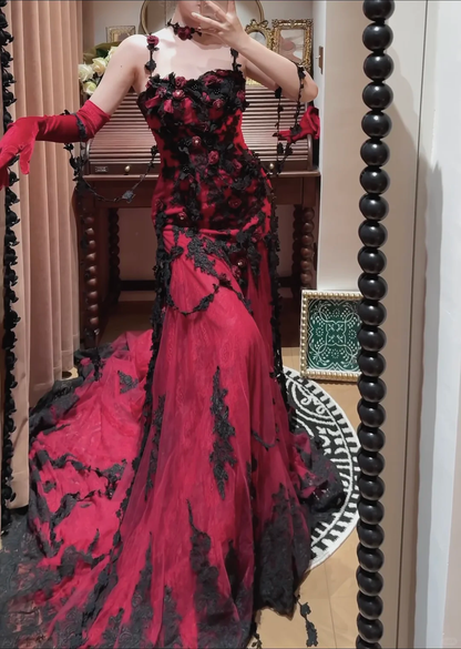 Sexy Burgundy Mermaid Spaghetti Strap Black Lace Tulle Long Prom Dresses SH4633