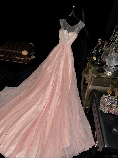 Classy A Line Round Neck Pink Tulle Satin Prom Dress Evening Dress SH3104