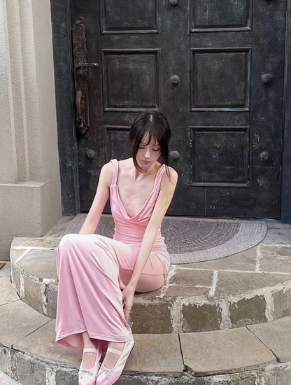 Pink Bow Open Back Sheath Straps Satin Long Prom Dress Evening Dress SH4380