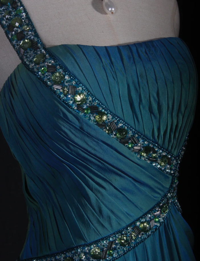Unique Blue One Shoulder Satin Pleated Beaded Mermaid Prom Dress Long Birthday Evening Gowns D2289