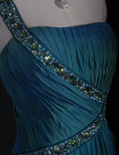 Unique Blue One Shoulder Satin Pleated Beaded Mermaid Prom Dress Long Birthday Evening Gowns D2289