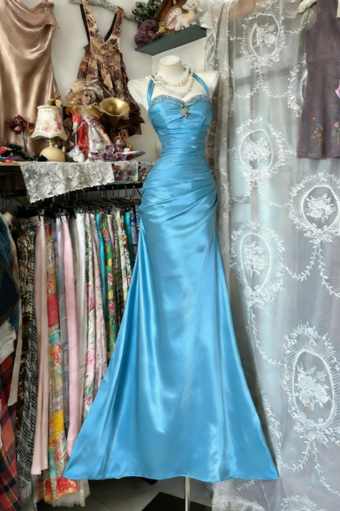 Vintage Halter Mermaid Long Prom Dresses Beaded Satin Blue Evening Dresses Birthday Dresses SH5041
