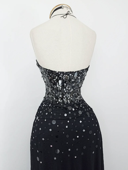 Retro A Line Spaghetti Strap Black Sequin Chiffon Evening Dress Party Dress SH3165