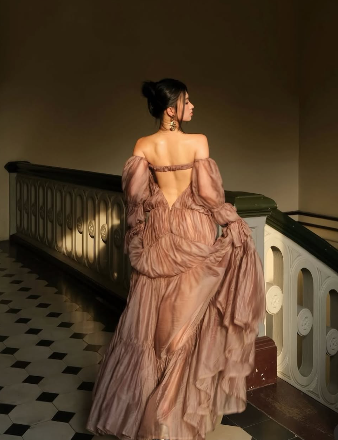 Charming Brown A Line Long Sleeve Satin Long Prom Dress Evening Dress SH2114