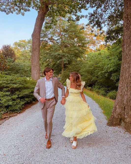 A-Line Square Yellow Tiered Long Prom Dress Princess Tulle Formal Evening Dress SH1049