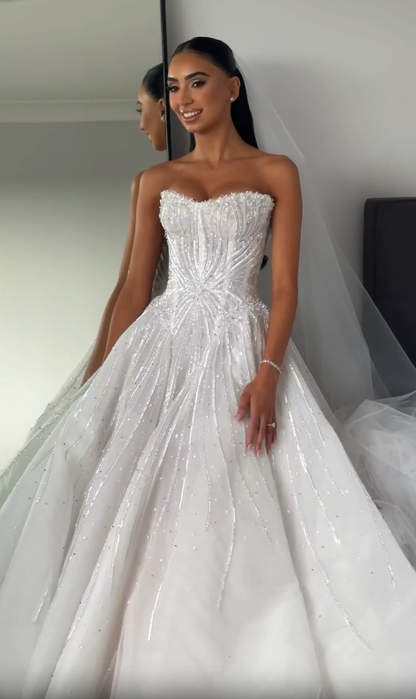 White Ball Gown Strapless Beaded Sequin Tulle Long Sweep Prom Dress Wedding Dress SH4772
