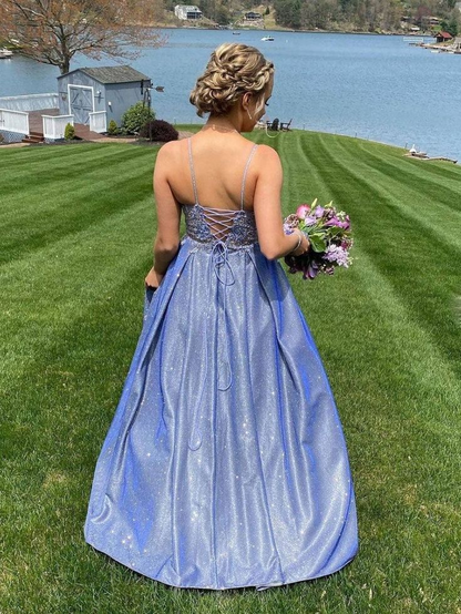 Chic Blue Satin Appliques Long Evening Dress Prom Dress  SH999