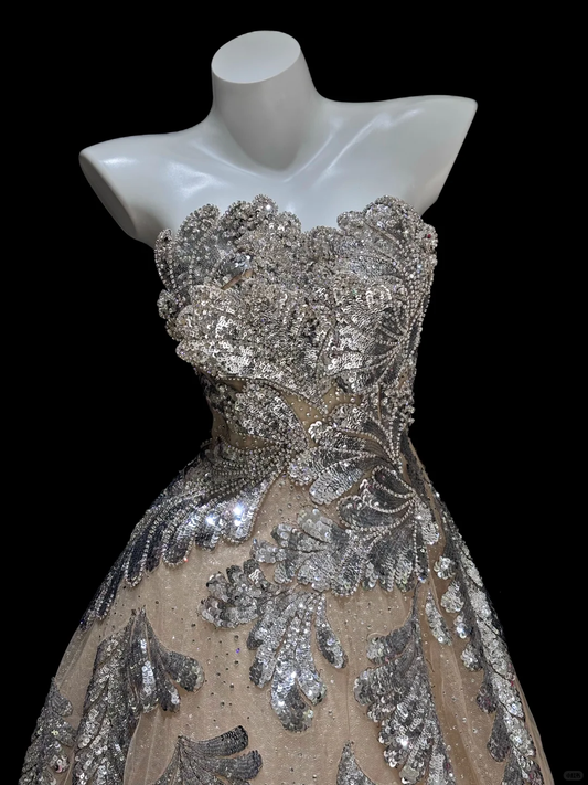 Silver Layered Sequin A Line Sweetheart Neck Apricot Tulle Long Prom Dress Evening Dress SH5007