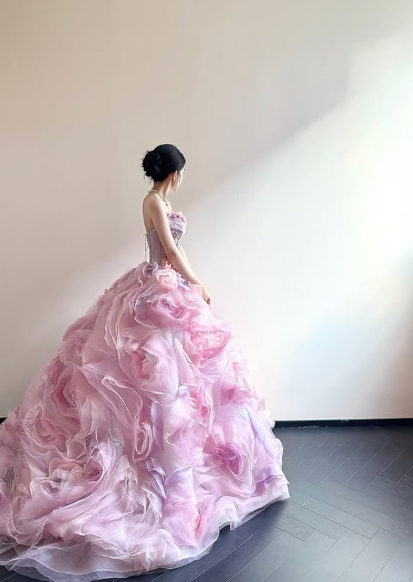 Dreamy Ball Gown Sweetheart Neck Exquisite Beaded Pink Purple Floral Tulle Long Prom Dress SH5036